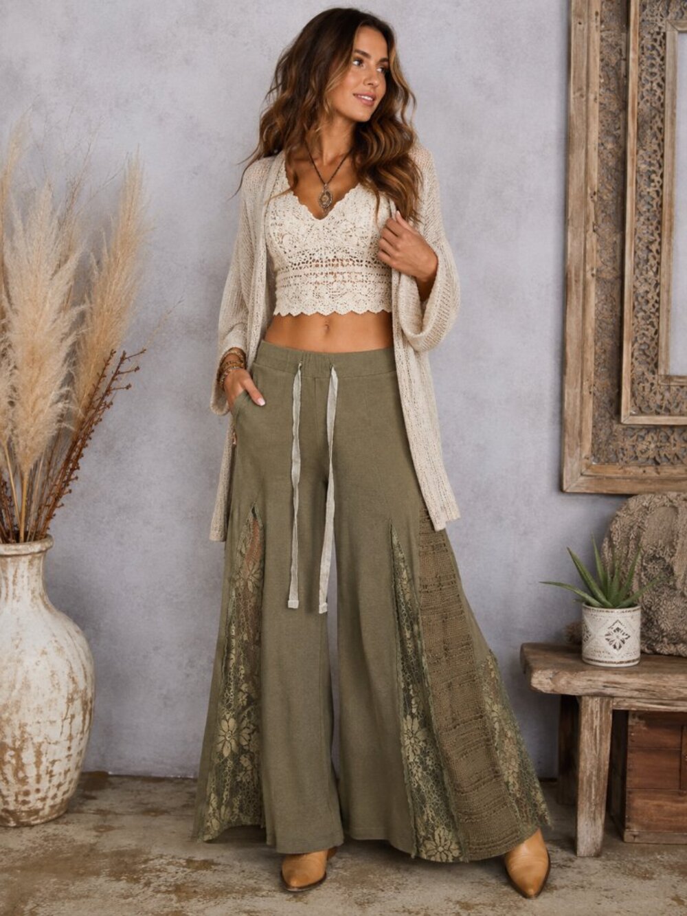 POL Olive Green Lace Panel Flare Pants Boho Drawstring Medium NWOT
